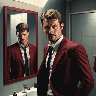 a photo of 30 years old handsome male detective in formal suit, in a bathroom stall, scene from psycho-thriller, looking at a mirror on the wall, his reflection in the mirror is a dark red shadow, (high detailed skin:1.2), 8k uhd, dslr, bokeh,  high quality, Fujifilm XT3, sharp focus, by pascal blanche rutkowski repin artstation hyperrealism painting concept art of detailed character design matte painting, 4 k resolution,kyle_hyde