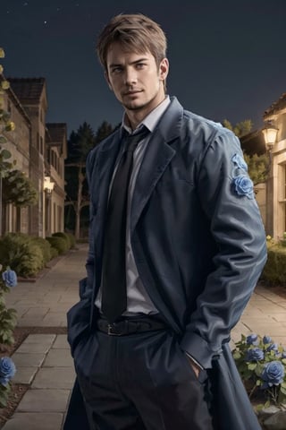 (1 image only), solo male,Kyle Hyde, detective, depict an image of a man who looks like "Kyle Hyde" in a garden of blue roses during nighttime waiting for someone for a secret romantic date, standing under a rose arch, a lot of blue flowers (roses) in the background, white collared shirt and black necktie, a beautiful blue rose in his shirt's breastpocket, mature, manly, masculine,  confidence, charming, alluring, romantic, mischievous smile, looking at viewer, perfect anatomy, perfect proportions, 8k, HQ, (best quality:1.5, hyperrealistic:1.5, photorealistic:1.4, madly detailed CG unity 8k wallpaper:1.5, masterpiece:1.3, madly detailed photo:1.2), (hyper-realistic lifelike texture:1.4, realistic eyes:1.2), picture-perfect face, perfect eye pupil, detailed eyes, perfecteyes, mature, 40 years old, outside, nighttime, starry sky in the background, moon shines above, in a garden of blue roses, flower4rmor,kyle_hyde