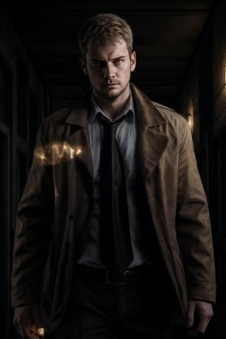 1 man, kyle_hyde, detective, short hair,  flaxen hair, brown jacket, necktie, worried expression, dark hallway, eerie lights, mysterious, cinematic lights, dramatic turn, dynamic pose