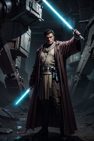 1 man, image of a mature man who looks like "Guts" from Berserk holding a lightsaber in his right hand, with a cybernetic left arm, dynamic pose, fighting an army of robots, mature, 40 years old, short hair, white streak in his hair, correctly wielding a lightsaber, light_saber, black dress, cloth pieces, on a dark planet, artistic sky in the background, into the dark, deep shadow, cinematic, masterpiece, best quality, high resolution 