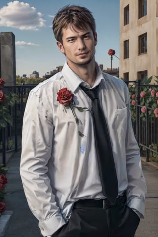 (1 image only), solo male,Kyle Hyde, detective, white collared shirt and black necktie, a red rose in his shirt's breastpocket, mature, manly, masculine, confidence, charming, alluring, romantic, slight smile, looking at viewer, perfect anatomy, perfect proportions, 8k, HQ, (best quality:1.5, hyperrealistic:1.5, photorealistic:1.4, madly detailed CG unity 8k wallpaper:1.5, masterpiece:1.3, madly detailed photo:1.2), (hyper-realistic lifelike texture:1.4, realistic eyes:1.2), picture-perfect face, perfect eye pupil, detailed eyes, perfecteyes, mature, 40 years old, outside, sunny summer day, in a rose garden, kyle_hyde,flower4rmor