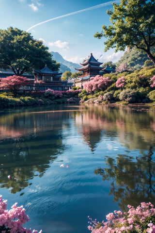 (extremely detailed CG unity 8k wallpaper),(((masterpiece))), (((best quality))), ((ultra-detailed)), (best illustration), ((chinesse city))(best shadow), ((an extremely delicate and beautiful)),dynamic angle,floating, fairyland,dynamic angle,sea of flowers,beautiful detailed garden,wind,classic,spring, (detailed light),feather, nature, (sunlight), river, forest,(((floating palace))),((the best building)),beautiful and delicate water,(painting),(sketch),(bloom),(shine),Nature,Beautiful Beach