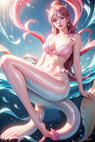 ((top-quality, 8K, masterpiece:1.3)), A detailed eye, (looking at from the front), Look at the camera, ((Everything is sparkling、reflecting light:1.2)), (full body), Shirahoshi from One Piece laying on her back in ocean bed, mermaid, pink lights hair, long hair, cute elegant face, full body shot, thoothy smile, head tilt, looking at viewer, under the sea, sea, Shirahoshi with pink tail, elegant figure, mermaid fins.,masterpiece,Masterpiece