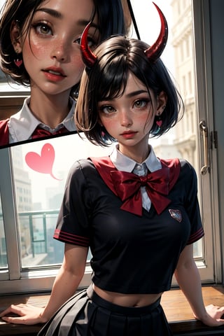 (masterpiece, best quality, ultra-detailed, 8K),high detail,picture perfect face,blush,freckled,(red skin)devil girl,succubus,horns,perfect female body,slim,(black hair, bobcut),colorfull,cute, charming, alluring,heart earrings,(school uniform, pleated skirt),skimpy