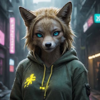 yelow fur, female fox, wearing a green cyberpunk hoodie, blue eyes