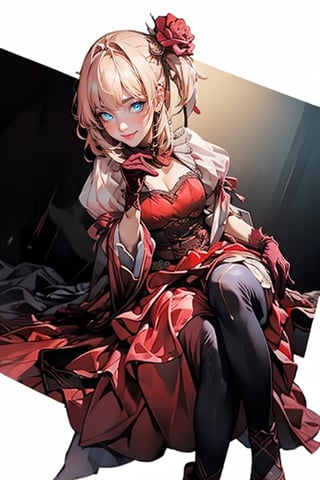 ((full body)), rosemi mixed with ruanyi0187, best quality,masterpiece,highres,official art,extremely detailed cg unity 8k wallpaper, 1girl, smiling, blushing cheeks, (thorns),flower in her hair, short puffy sleeves, cutouts on the shoulders, corset, red dress, dark green gloves, black thigh-high stockings, black bow, nodf_lora