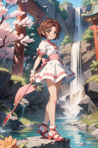 ((Masterpiece in maximum 16K resolution, in a style inspired by the anime Card Captor Sakura)). | Sasaki Rika, in a stunning all-white mage outfit adorned with pink details. Her short accordion skirt, white stockings with pink bands, and pink shoes complement the harmony of the look | The scene unfolds in an ancient temple near a majestic waterfall, featuring white marble structures, altars with ancient writings, and a variety of spirit animals. Sasaki is looking directly at the viewer, her ((brown eyes)) radiating confidence as she offers a ((captivating smile)). Her short brown hair with a large fringe in front of her right eye adds a contemporary touch to her image | The visual composition highlights the magic in the air, with appropriate lighting emphasizing the details of the outfit and the enchanted environment. | ((sasaki rika, in a mage outfit inspired by Card Captor Sakura, in a mystical setting of an ancient temple next to a waterfall):1.4). | {The camera is positioned very close to her, revealing her entire body as she assumes a pose, interacting with and leaning against a structure in the scene in an exciting way.} | (((She takes a pose as she interacts, boldly leaning on a structure, leaning back in an exciting way.))), (((((full-body_image))))), ((perfect_pose, perfect_anatomy, perfect_body)), ((perfect_finger, perfect_fingers, perfect_hand, perfect_hands, better_hands)), ((perfect_composition)), perfect_design, perfect_layout, perfect_detail, ((more_etail, ultra_detailed, Enhance)).,sasaki_rika