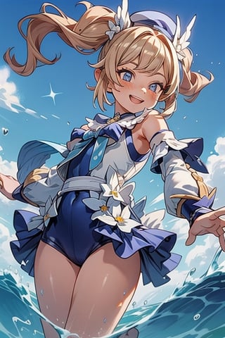 Barbara of Genshin impact dance pose cute face, cute arm pose, beautiful beach, smile face, romance_mood, barbarasum, water splash floating, sparkles, blue musical_notes floating