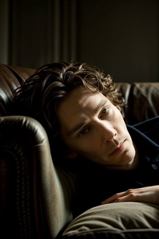Masterpiece, best quality, photorealistic, upper body, (solo), Combine Cillian Murphy Tom Hiddleston and Benedict Cumberbatch in one person, photo of perfecteyes eyes, reclining on couch, simple background,perfect light,photorealistic,<lora:659111690174031528:1.0>