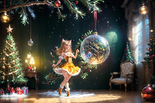 Fantasy photorealistic art of a cute girl in a festive costume standing on the floor tries to hang a beautiful glass sphere on a branch of a Christmas tree, Christmas attributes, cinematic shot, soft light, amber light, magic atmosphere , flying particles, thm style, Anime,hentai,catgirl,