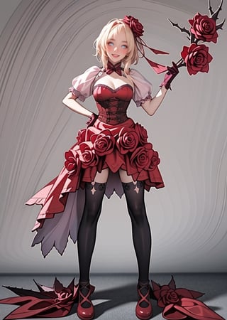 ((full body)), nude rosemi mixed with ruanyi0187, best quality,masterpiece,highres,official art,extremely detailed cg unity 8k wallpaper, 1girl, smiling, blushing cheeks, (thorns),flower in her hair, short puffy sleeves, cutouts on the shoulders, corset, red dress, dark green gloves, black thigh-high stockings, black bow, white background,<lora:659111690174031528:1.0>