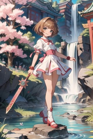 ((Masterpiece in maximum 16K resolution, in a style inspired by the anime Card Captor Sakura)). | Sasaki Rika, in a stunning all-white mage outfit adorned with pink details. Her short accordion skirt, white stockings with pink bands, and pink shoes complement the harmony of the look | The scene unfolds in an ancient temple near a majestic waterfall, featuring white marble structures, altars with ancient writings, and a variety of spirit animals. Sasaki is looking directly at the viewer, her ((brown eyes)) radiating confidence as she offers a ((captivating smile)). Her short brown hair with a large fringe in front of her right eye adds a contemporary touch to her image | The visual composition highlights the magic in the air, with appropriate lighting emphasizing the details of the outfit and the enchanted environment. | ((sasaki rika, in a mage outfit inspired by Card Captor Sakura, in a mystical setting of an ancient temple next to a waterfall):1.4). | {The camera is positioned very close to her, revealing her entire body as she assumes a pose, interacting with and leaning against a structure in the scene in an exciting way.} | (((She takes a pose as she interacts, boldly leaning on a structure, leaning back in an exciting way.))), (((((full-body_image))))), ((perfect_pose, perfect_anatomy, perfect_body)), ((perfect_finger, perfect_fingers, perfect_hand, perfect_hands, better_hands)), ((perfect_composition)), perfect_design, perfect_layout, perfect_detail, ((more_etail, ultra_detailed, Enhance)).