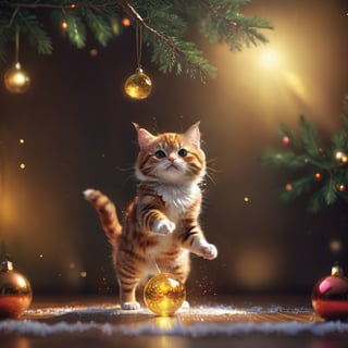 Fantasy photorealistic art of a cute cat Tom in a festive costume standing on the floor tries to hang a beautiful glass sphere on a branch of a Christmas tree, Christmas attributes, cinematic shot, soft light, amber light, magic atmosphere , flying particles, thm style,Anime ,<lora:659095807385103906:1.0>