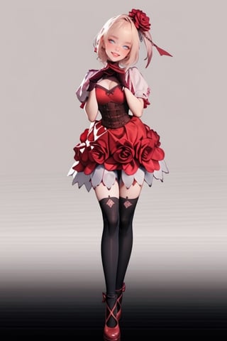 ((full body)), rosemi mixed with ruanyi0187, best quality,masterpiece,highres,official art,extremely detailed cg unity 8k wallpaper, 1girl, smiling, blushing cheeks, (thorns),flower in her hair, short puffy sleeves, cutouts on the shoulders, corset, red dress, dark green gloves, black thigh-high stockings, black bow, white background,(heart hands, own hands together),<lora:659111690174031528:1.0>