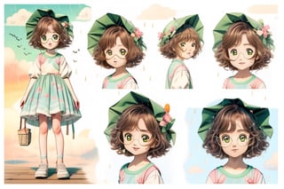 (1girl, loli:1.3,cute girl:1.2, cos:1.2),(best quality, masterpiece, perfect face), preteen girl, small tits, full body, raytracing, blank_background, character_sheet, multiple views, brown hair, brown eyes detailed, round eyewear, short hair, white and green cute clothes with rain clouds in the pattern,
