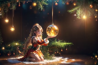 Fantasy photorealistic art of a cute girl in a festive costume standing on the floor tries to hang a beautiful glass sphere on a branch of a Christmas tree, Christmas attributes, cinematic shot, soft light, amber light, magic atmosphere , flying particles, thm style, Anime,hentai,catgirl,,<lora:659095807385103906:1.0>