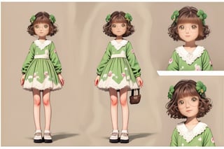 (1girl, loli:1.3,cute girl:1.2, cos:1.2),(best quality, masterpiece, perfect face), preteen girl, small tits, full body, raytracing, blank_background, character_sheet, multiple views, brown hair, brown eyes detailed, round eyewear, short hair, white and green cute clothes,<lora:659111690174031528:1.0>
