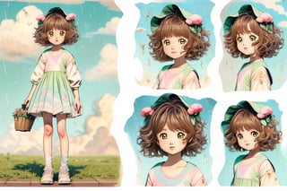 (1girl, loli:1.3,cute girl:1.2, cos:1.2),(best quality, masterpiece, perfect face, clamp \(circle\)), preteen girl, small tits, full body, raytracing, blank_background, character_sheet, multiple views, brown hair, brown eyes detailed, short hair, white and green cute clothes with rain clouds in the pattern,