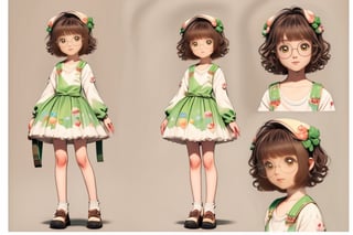 (1girl, loli:1.3,cute girl:1.2, cos:1.2),(best quality, masterpiece, perfect face), preteen girl, small tits, full body, raytracing, blank_background, character_sheet, multiple views, brown hair, brown eyes detailed, round eyewear, short hair, white and green cute clothes,<lora:659111690174031528:1.0>