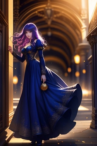((masterpiece)), 1 girl,solo,very bright backlighting,{beautiful and detailed eyes},dazzling sunlight,calm expression,natural and soft light,purple hair, hair blown by the breeze,delicate facial features,eye smile,lips smile, film grain,realhands, (wearing a dark_blue high cut dress with golden intricate details), Saori,<lora:659111690174031528:1.0>