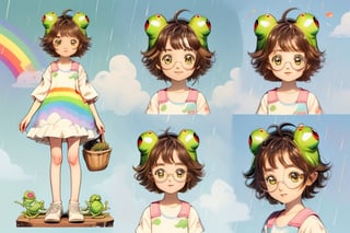 (1girl, loli:1.3,cute girl:1.2, cos:1.2),(best quality, masterpiece, perfect face), preteen girl, small tits, full body, raytracing, blank_background, character_sheet, multiple views, brown hair, brown eyes detailed, round eyewear, short hair, white and green cute clothes with clouds rain rainbow and small cartoon frogs in the pattern