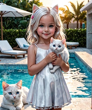  an 5 year old girl that is in an party near a pool, holding a cute white cat, detailed realistic , realistic.