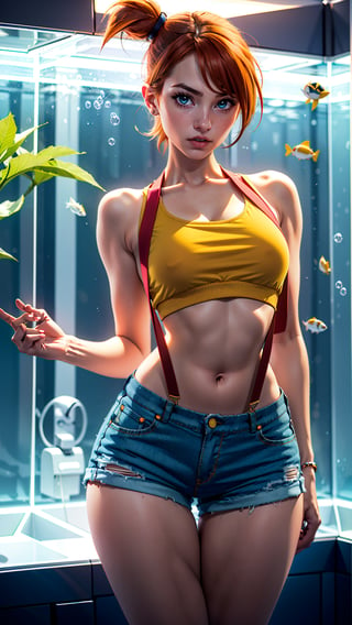 1girl, solo, Misty from pokemon, (athletic body, small breasts, skinny waist, wide hips, huge thighs), pretty green eyes, ginger hair, tiny denim shorts, short loose yellow crop top, red suspenders, facing viewer, looking at viewer, in an aquarium, (masterpiece, best quality, realistic, intricate, high resolution), Misty_Pokemon, (Hands:1.1), better_hands