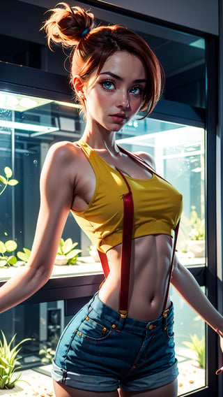 1girl, solo, Misty from pokemon, (athletic body, small breasts, skinny waist, wide hips, huge thighs), ((pretty green eyes)), ginger hair, tiny denim shorts, short loose yellow crop top, red suspenders, facing viewer, looking at viewer, in an aquarium, (masterpiece, best quality, realistic, intricate, high resolution), Misty_Pokemon, (Hands:1.1), better_hands, well lit, cinematic lighting