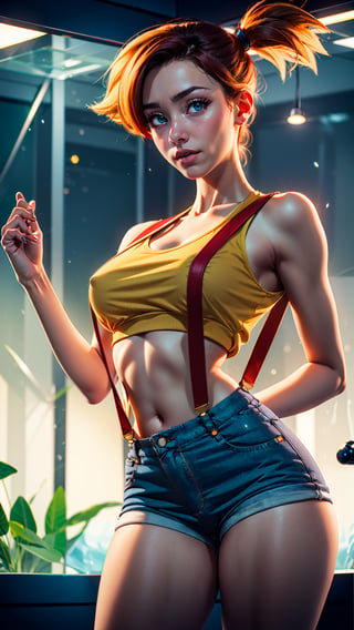 1girl, solo, Misty from pokemon, (athletic body, small breasts, skinny waist, wide hips, huge thighs), ((pretty green eyes)), ginger hair, micro ripped denim shorts, camel toe, super short loose yellow crop top, underboob, red suspenders, (holding hands behind back), facing viewer, looking at viewer, in an aquarium, (masterpiece, best quality, realistic, intricate, high resolution), Misty_Pokemon, cinematic lighting, evenly lit, soft lighting