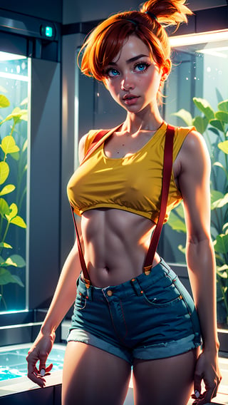 1girl, solo, sweet young woman, Misty from pokemon, (athletic body, very small breasts, tiny tits, flat chest, skinny waist, wide hips, huge thighs), ((pretty green eyes)), ginger hair, ripped denim shorts, camel toe, yellow crop top, red suspenders, cute pose, facing viewer, looking at viewer, in an aquarium, (masterpiece, best quality, realistic, intricate, high resolution), Misty_Pokemon, cinematic lighting, evenly lit, soft lighting