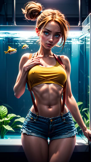 1girl, solo, sweet young woman, Misty from pokemon, (athletic body, very small breasts, tiny tits, flat chest, skinny waist, wide hips, huge thighs), ((pretty green eyes)), ginger hair, ripped denim shorts, yellow crop top, red suspenders, cute pose, facing viewer, looking at viewer, in an aquarium, (masterpiece, best quality, realistic, intricate, high resolution), Misty_Pokemon, cinematic lighting, evenly lit, soft lighting,1 girl