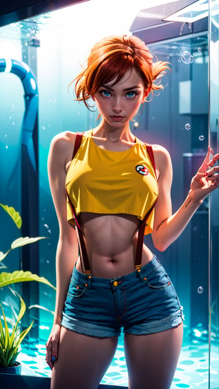 1girl, solo, Misty from pokemon, (athletic body, small breasts, skinny waist, wide hips, huge thighs), ((pretty green eyes)), ginger hair, tiny denim shorts, short loose yellow crop top, red suspenders, facing viewer, looking at viewer, in an aquarium, (masterpiece, best quality, realistic, intricate, high resolution), Misty_Pokemon, well lit, cinematic lighting