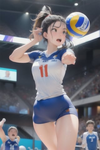 (best quality,highres),professional,volleyball player,athletic,fit body,volleyball uniform,colorful,action-packed,motion blur,energetic,dynamic,competitive,winner's spirit,sportsmanship,central focus,sharp details,healthy lifestyle,strong serve,accurate spike,Athlete's dedication,agile moves,enthusiastic teammates,excited fans,sweat and determination,physical strength,jumping high,concentration,captivating pose,vibrant colors,fast-paced,high-intensity,passion for the game,positive energy,powerful hits,precise digs,team spirit,breathtaking plays,cheering crowd,inspiring performance,victory celebration