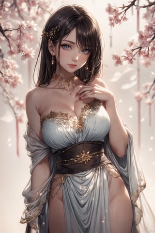 A young woman in a delicate kimono poses sensually against a soft focus background of vibrant cherry blossoms, radiant skin glowing under gentle light particles. Her piercing eyes, detailed with intricate eyelashes and subtle sparkle, captivate in medium shot. A scattering of jewelry adorns her neck and wrists, emphasizing curves. Understated elegance exudes confidence and allure.