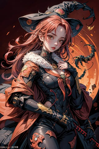 1lady, AgoonGirl, High detailed,  masterpiece, best quality, 8K, highres, absurdres:1.2,ultra-detailed, illustration,SharpEyess,
(((scorpion_witch, red_hair, forehead_protector_is_hiding_her_eyes))),
AgoonGirl,nijilorawolf,nijigirl, clownpiece,