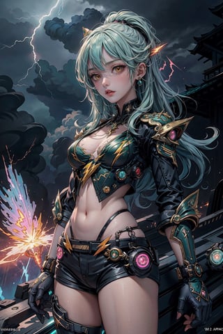 1lady, AgoonGirl, High detailed,  masterpiece, best quality, 8K, highres, absurdres:1.2,ultra-detailed, illustration,SharpEyess,
(((thunderbolt_goddess, emerald_hair, spark, lightning, storm, tempest, from_below))),
AgoonGirl,nijilorawolf,nijigirl, clownpiece,