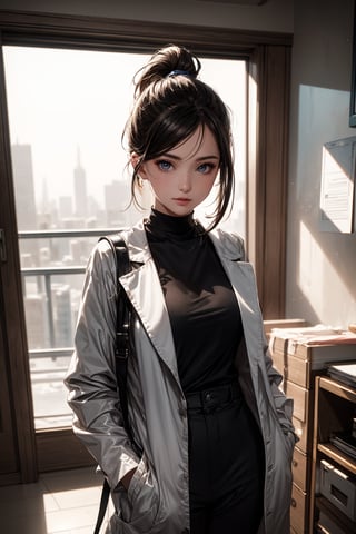 Render a masterpiece of a 16-year-old girl with a ponytail hairstyle, wearing a white shirt under a female doctor's coat, gazing directly at the viewer with a subtle 0.4 slight smile. The face is highly detailed, with perfect shiny skin and intricate eye features. Perfect lighting casts dramatic shadows, achieved through advanced ray tracing techniques. The upper body is in sharp focus, showcasing the subject's youthful charm.