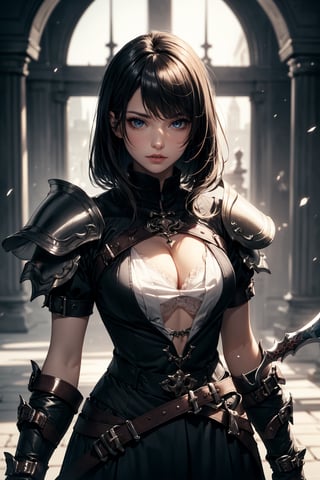 (masterpiece, best quality, 1lady, solo), (((fighting stance))), detailed eyes, (sword, armor, shield), battle soldieress, detailed dark fantasy, ((medium_large chest, shiny white skin, looking_dowm, sadistic_face, full_body:1.5)), blackhair, short_hair, black_eyes, midnight dark fog, perfecteyes,1 girl,