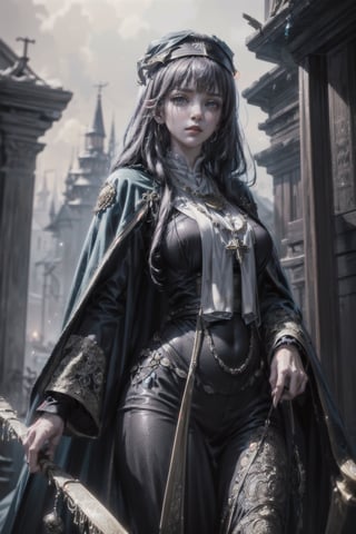 official art, unity 8k wallpaper, ultra detailed, beautiful and aesthetic, masterpiece, ultra quality, ultra detailed, expressions, dark background and foggy particles, extremely detailed, vivid colours, atmospheric, (((sophisticated_priestess, antique coat, super_dynamic_angle, ultra_dynamic_pose, relax_stance))),