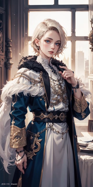 Extreme detailed,Realistic,solo,
official art, extremely detailed, Extreme Realistic,  Nordic beautiful teen girl, beautifully detailed eyes, detailed fine nose, detailed fingers,muscle body, wearing extremely detailed luxury male Prince Albert coat, high quality, beautiful high Detailed white short hair,