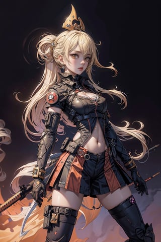 1lady, AgoonGirl, High detailed,  masterpiece, best quality, 8K, highres, absurdres:1.2,ultra-detailed, illustration,SharpEyess,
(((serial_killer_girl_in_battlefield, blonde_parted_hair, dynamic_stance))),
AgoonGirl,nijilorawolf,nijigirl, clownpiece,