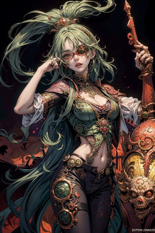 1lady, AgoonGirl, High detailed,  masterpiece, best quality, 8K, highres, absurdres:1.2,ultra-detailed, illustration,SharpEyess,
(((queen_of_zombies, green_hair))), (((A lot of male zombies with blindfolded are following her.))),
AgoonGirl,nijilorawolf,nijigirl, clownpiece,