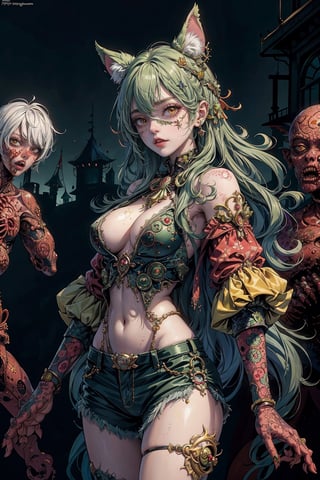1lady, AgoonGirl, High detailed,  masterpiece, best quality, 8K, highres, absurdres:1.2,ultra-detailed, illustration,SharpEyess,
(((queen_of_zombies, green_hair, She has a lot of male zombies with her, all the zombies are blindfolded.))),
AgoonGirl,nijilorawolf,nijigirl, clownpiece,