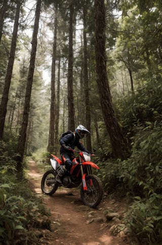 realistic view from front side of one detailed enduro motorcycle on a forest trail with one rider