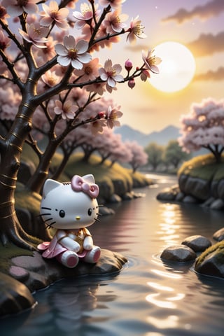 Beautiful Hello Kitty in the golden hour, depicted in 3D illustration, paper weaving through a cherry blossom creek and tree. Soft colors, cumulus clouds, a large sun setting over the cherry blossom creek, fine gold lines serving as a border with an alcohol ink effect, sprinkled with glitter, and soft colors.