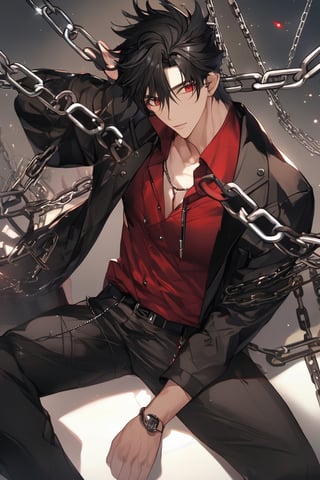 1boy, masterpiece, Beauty, looking_at_viewer, black hair, red eyes, dark clothes, chains , red shirt, black jaket, black pants,man