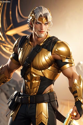 zeusfortnitev1, 1boy, white skin, white hair, white hair, mature male, green eyes, facial hair, bulge, , light smile, shotgun shell bandolier, golden armor,  dynamic pose, action pose, holding weapon,masterpiece,