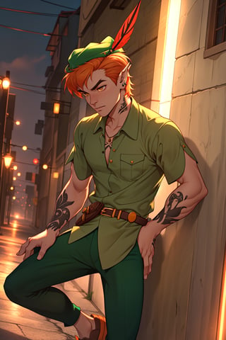 1boy, Open clothes, tattoo, piercing, ,masterpiece, Beauty, volumetric lights, depth effect,peter pan, short hair, orange hair, green pants, green collared shirt, short sleeves, belt, brown footwear, hat feather, male focus, pointy ears