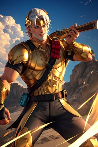 zeusfortnitev1, 1boy, white skin, white hair, white hair, mature male, green eyes, facial hair, bulge, , light smile, shotgun shell bandolier, golden armor,  dynamic pose, action pose, holding weapon,masterpiece