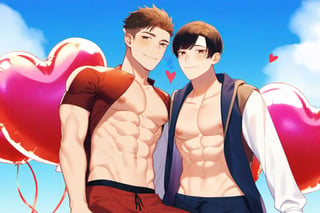 smile, short hair, brown hair, shirt, black hair, navel, holding, closed mouth, nipples, male focus, heart, outdoors, multiple boys, open clothes, sky, day, pants, cloud, 2boys, blue sky, coat, open shirt, muscular, abs, pectorals, yaoi, balloon, bare pectorals, red pants, heart balloon, looking_at_viewer